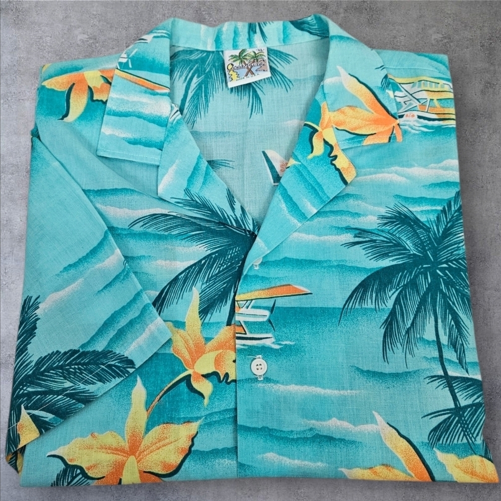 Vintage 70s Oceanaire Hawaiian Button Front Shirt Seaplanes & Flowers XL Men M54